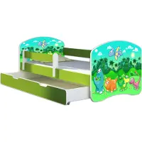 ACMA Jugendbett Kinderbett Junior-Bett Komplett-Set mit Matratze Lattenrost und Rausfallschutz Grün 30 Dino 160x80 + Bettkasten
