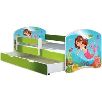 ACMA Jugendbett Kinderbett Junior-Bett Komplett-Set mit Matratze Lattenrost und Rausfallschutz Grün 09 Meerjungfrau 140x70 + Bettkasten