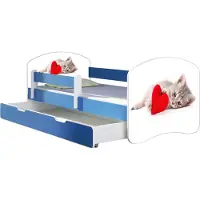ACMA Jugendbett Kinderbett Junior-Bett Komplett-Set mit Matratze Lattenrost und Rausfallschutz Blau 40 Katze mit Herz 140x70 + Bettkasten