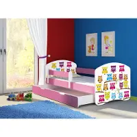 ACMA Jugendbett Kinderbett Junior-Bett Komplett-Set mit Matratze Lattenrost und Rausfallschutz Rosa 31 Eule 180x80 + Bettkasten