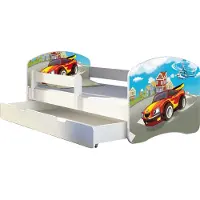 ACMA Jugendbett Kinderbett Junior-Bett Komplett-Set mit Matratze Lattenrost und Rausfallschutz Weiß 03 Racing Car 180x80 + Bettkasten