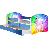 ACMA Jugendbett Kinderbett Junior-Bett Komplett-Set mit Matratze Lattenrost und Rausfallschutz Blau 18 Pony Regenbogen 140x70 + Bettkasten
