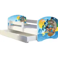 ACMA Jugendbett Kinderbett Junior-Bett Komplett-Set mit Matratze Lattenrost und Rausfallschutz Weiß 21 Piraten 180x80 + Bettkasten
