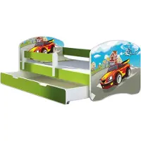 ACMA Jugendbett Kinderbett Junior-Bett Komplett-Set mit Matratze Lattenrost und Rausfallschutz Grün 03 Racing Car 140x70 + Bettkasten
