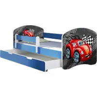 ACMA Jugendbett Kinderbett Junior-Bett Komplett-Set mit Matratze Lattenrost und Rausfallschutz Blau 05 Blaue Auto 180x80 + Bettkasten