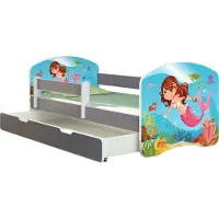 ACMA Jugendbett Kinderbett Junior-Bett Komplett-Set mit Matratze Lattenrost und Rausfallschutz Grau 09 Meerjungfrau 180x80 + Bettkasten