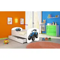 ACMA I Jugendbett Kinderbett Junior-Bett Komplett-Set mit Matratze Lattenrost Weiß 42 Traktor 140x70 + Bettkasten