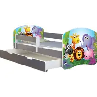 ACMA Jugendbett Kinderbett Junior-Bett Komplett-Set mit Matratze Lattenrost und Rausfallschutz Grau 01 Zoo 180x80 + Bettkasten