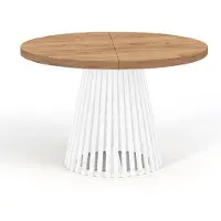 Dekori.Interiors Runder Esstisch Weiß DOVER 100/150 cm ausziehbar für Esszimmer, Eiche Craft Golden mit Lamellen – Industrial/Loft