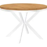 Dekori.Interiors Runder Esstisch Weiß ENDIK 120/220 cm ausziehbar, Eiche Lancelot mit Ring-Gestell – Industrial, Loft