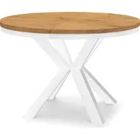 Dekori.Interiors Ausziehbarer runder Esstisch Weiß RAL 90/140 cm, Eiche Lancelot mit Ring-Gestell und massiven Buchenholzbeinen – Loft, rustikal