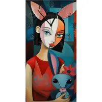 Wallario Design Wanduhr Kubistisches Hasenmädchen aus Echtglas, Größe 30 x 60 cm
