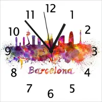Wallario Design Wanduhr Städte als Aquarell - Skyline von Barcelona aus Echtglas, Größe 30 x 30 cm