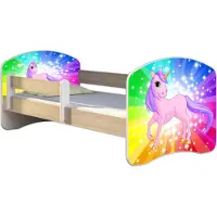 ACMA Jugendbett Kinderbett Junior-Bett Komplett-Set mit Matratze Lattenrost und Rausfallschutz Sonoma 18 Pony Regenbogen 140x70