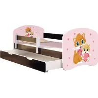 ACMA Jugendbett Kinderbett Junior-Bett Komplett-Set mit Matratze Lattenrost und Rausfallschutz Wenge 33 Miezekatzen 140x70 + Bettkasten