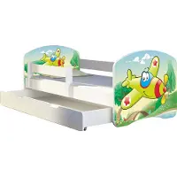 ACMA Jugendbett Kinderbett Junior-Bett Komplett-Set mit Matratze Lattenrost und Rausfallschutz Weiß 29 Flugzeug 160x80 + Bettkasten