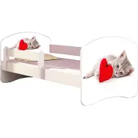 ACMA Jugendbett Kinderbett Junior-Bett Komplett-Set mit Matratze Lattenrost und Rausfallschutz Weiß 40 Katze mit Herz 160x80