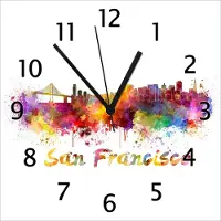 Wallario Design Wanduhr Städte als Aquarell - Skyline von San Francisco aus Echtglas, Größe 30 x 30 cm
