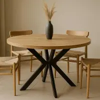 Dekori.Interiors Runder Esstisch Schwarz ENDIK 120/220 cm ausziehbar, Eiche Craft Gold mit Metallgestell – Industrial, Loft
