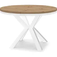 Dekori.Interiors Ausziehbarer runder Esstisch Weiß RAL 90/190 cm, Eiche Artisan mit Ring-Gestell und massiven Buchenholzbeinen – Loft, rustikal