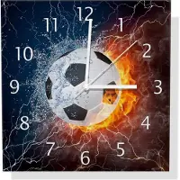 Wallario Design Wanduhr Fußball - Feuer und Wasser aus Aluverbund, Größe 30 x 30 cm