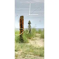 Wallario Design Wanduhr Düne am Strand mit Holzpfahl aus Echtglas, Größe 30 x 60 cm