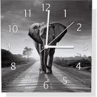 Wallario Design Wanduhr Elefant bei Sonnenaufgang in Afrika schwarzweiß aus Aluverbund, Größe 30 x 30 cm