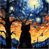 Wallario Design Wanduhr Katze im Sternenlicht aus Echtglas, Größe 30 x 30 cm