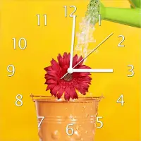 Wallario Design Wanduhr Rote Blüte im Blumentopf - frisch begossen aus Echtglas, Größe 30 x 30 cm