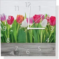 Wallario Design Wanduhr Rote weiße und pinke Tulpen im Frühling aus Aluverbund, Größe 30 x 30 cm