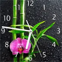 Wallario Design Wanduhr Bambus und pinke Orchidee auf schwarzem Glas mit Regentropfen aus Echtglas, Größe 20 x 20 cm