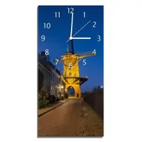 Wallario Design Wanduhr bedruckt, Größe 30 x 60 cm, Motiv: Windmühle bei Nacht