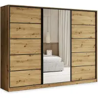 Masseno Schiebetürenschrank PINA 270/205/58 cm Kleiderschrank mit 4 Schubladen Schlafzimmer Schrank 3-türig mit Spiegel Eiche Artisan
