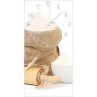 Wallario Design Wanduhr Backen-Ensemble mit Nudelholz, Mehl-Sack, Ähren und Zucker aus Echtglas, Größe 30 x 60 cm
