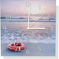 Wallario Design Wanduhr Rettungsring am Strand bei Sonnenuntergang aus Aluverbund, Größe 30 x 30 cm