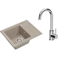 VBChome Spülbecken Granit Beige mit Armatur 55 x 44 cm Einzelbecken Einbauspüle Gesprenkelt Reversibel Granitspüle Siphon Waschbecken Armatur