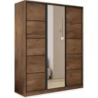 Masseno Schiebetürenschrank PINA 150/205/58 cm Kleiderschrank mit 4 Schubladen Schlafzimmer Schrank 3-türig mit Spiegel Eiche Lefkas