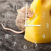 Wallario Design Wanduhr Süße Maus knabbert an einem Käse in der Küche aus Echtglas, Größe 30 x 30 cm