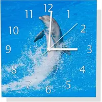 Wallario Design Wanduhr Fröhlicher Delfin im blauen Wasser aus Aluverbund, Größe 30 x 30 cm