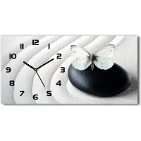 Tulup Wanduhr aus Glas – 60x30 cm - Glasbild - Glasuhr - Gehärtetes Glas - schwarze-zeiger - Zen Stein und Schmetterling