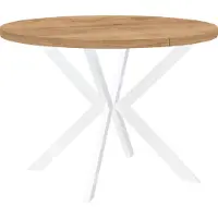 Dekori.Interiors Runder Esstisch Weiß ENDIK 120/220 cm ausziehbar, Eiche Craft Gold mit Metallgestell – Industrial, Loft