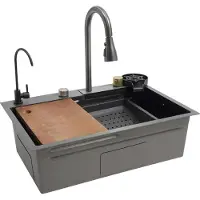 StarTech.com Küchenspüle - Doppelbecken aus Edelstahl - Mit Armatur - Ausziehbare Brause - 2 Loch - Wasserfall-Design - 68×45×21 cm - Schwarz
