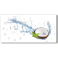 Tulup Wanduhr aus Glas – 60x30 cm - Glasbild - Glasuhr - Gehärtetes Glas - weisse-zeiger - Kokosnuss und Wasser