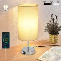 ZMH Tischlampe Wohnzimmer Nachttischlampe Vintage - 1er Chrom Tischleuchte mit USB-Ladefunktion E27 Aufladbar Schlafzimmer Nachtlicht Warmweiß Touch Dimmbar Schreibtischlampe mit Stoff Lampenschirm