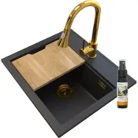 Granitan - Granitspüle - Spülbecken 57x51 cm - Schwarz-Gold - mit Armatur - FOXAL
