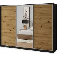 Masseno Schiebetürenschrank SORE 250/205/58 cm Kleiderschrank mit 4 Schubladen Schlafzimmer Schrank 3-türig mit Spiegel Schwarz / Eiche Artisan