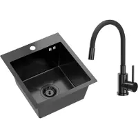 VBChome Edelstahlspüle mit Armatur 40 x 45 cm Schwarz Edelstahl Einbauspüle mit Hahnloch Edelstahl Küchenspüle Spüle Groß Becken Ablaufgarnitur Siphon Edelstahlspüle Schwarz mit Armatur