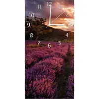 Wallario Design Wanduhr bedruckt, Größe 30 x 60 cm, Motiv: Lavendelfeld bei Sonnenuntergang - Sonnenstrahlen