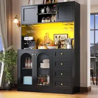 OKWISH Hochschrank,Küchenschrank mit LED-Lichtleiste und Getränkehaltern,Seitenboard,Aufbewahrungsschrank mit Schubladen und vier Türen,Buffetschrank mit Offener Stauraum,Schwarz