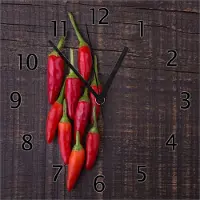 Wallario Design Wanduhr Rote Paprikaschoten auf einem dunkelbraunem Holzbrett aus Echtglas, Größe 30 x 30 cm